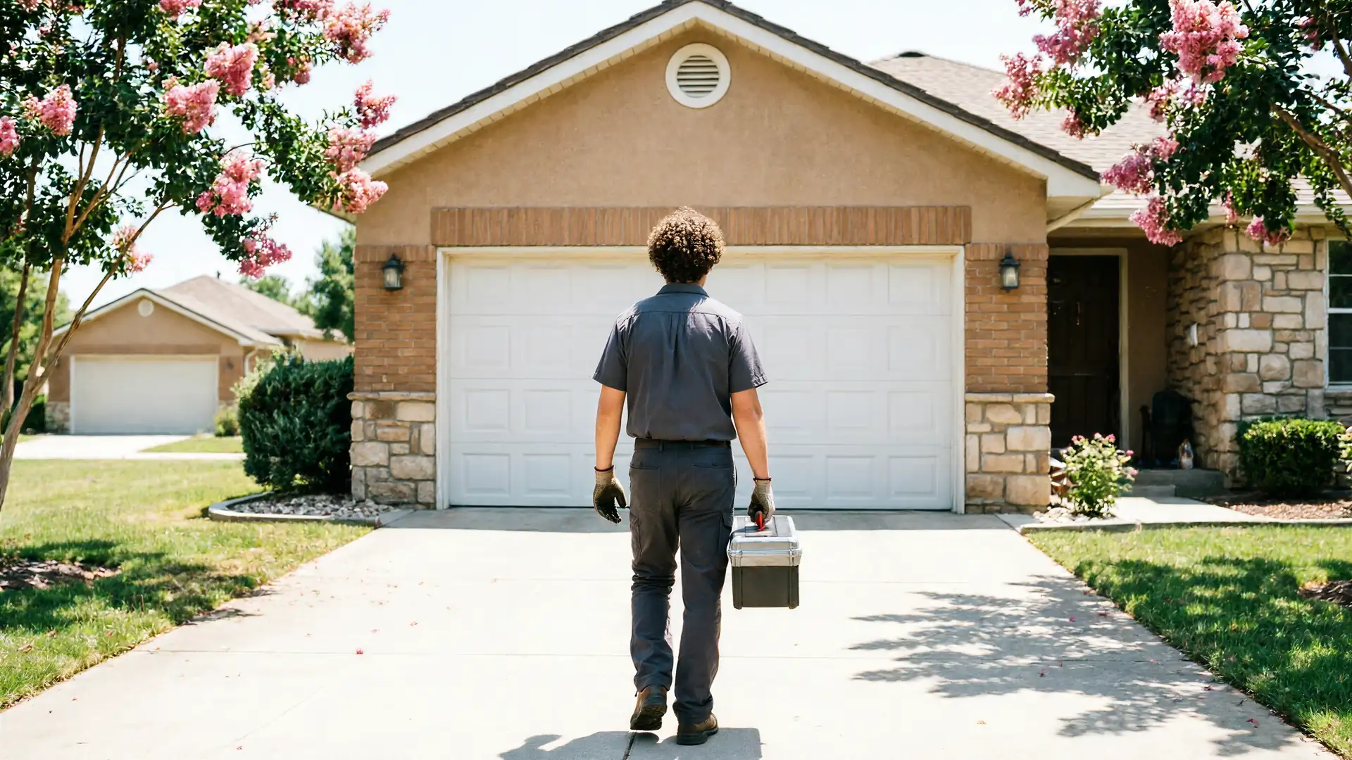 A technician walks toward a house with a white garage door, carrying a toolbox.
