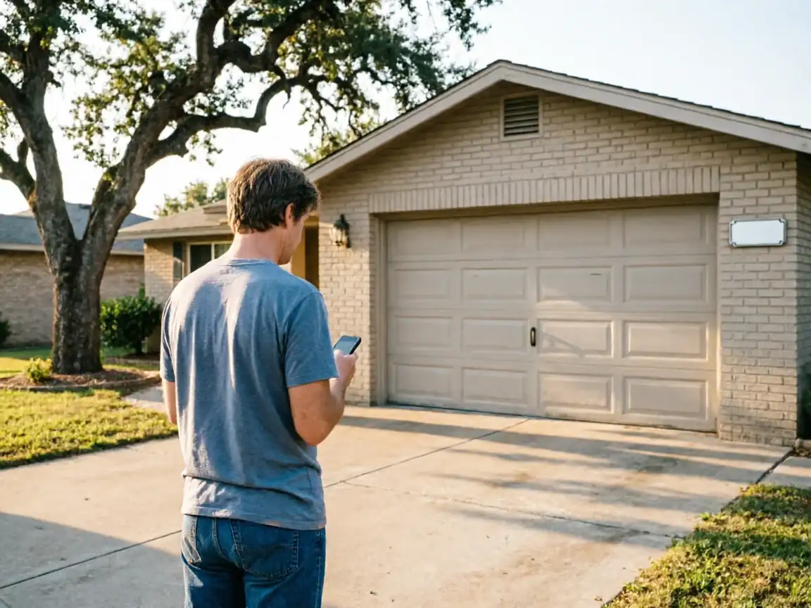 A man stands in a driveway looking at his phone, facing a closed garage door.