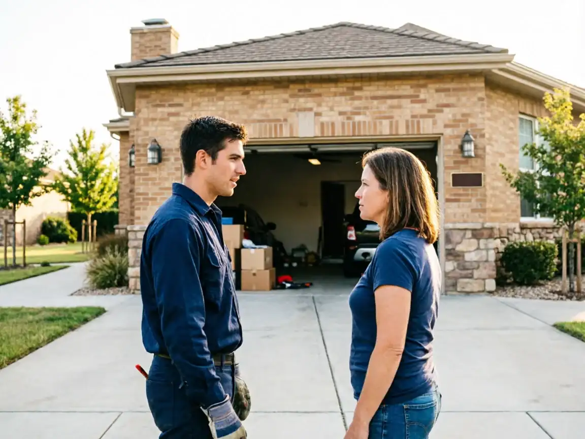 A technician and a woman stand facing each other in a driveway in front of a house.