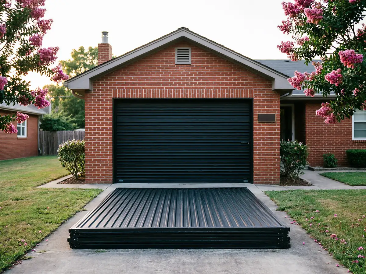 A black garage door is closed on a brick house with a new door on the driveway.